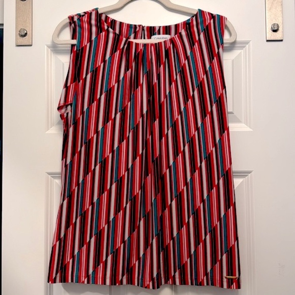 XL Coral/Green/Black Calvin Klein Pleated Jewel-Neck Sleeveless Shell Tank